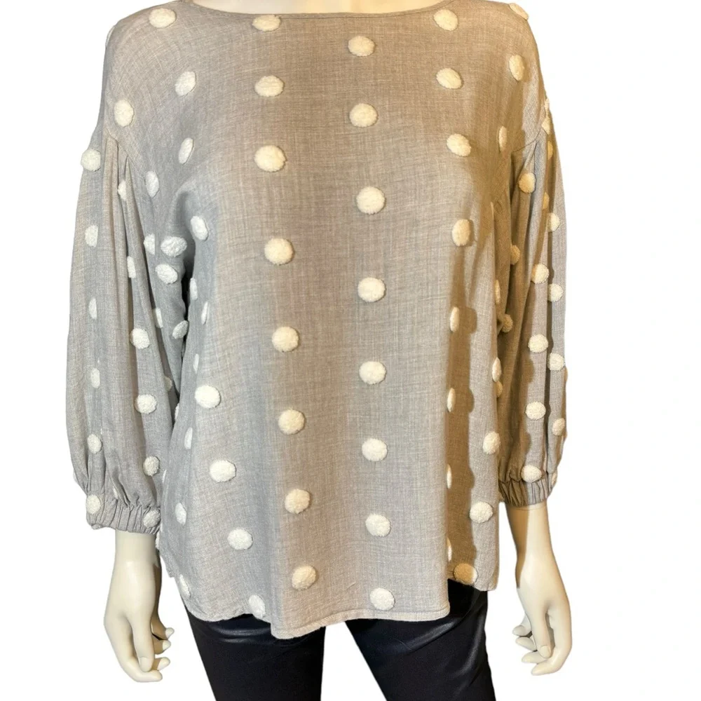 ZARA Women Blouse Gray & White Pom Pom Puff Sleeve